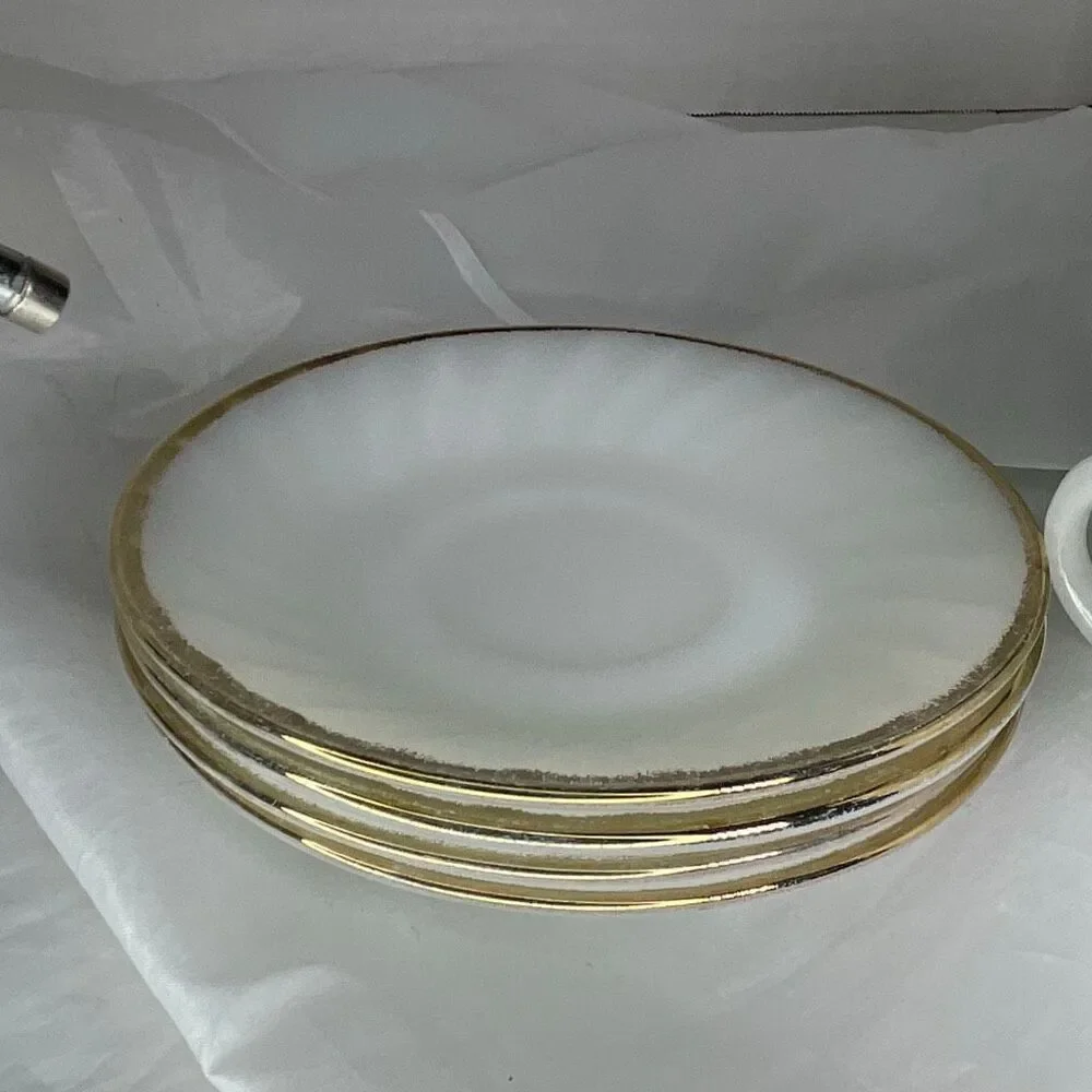 Lot of 4 1950’s Fire king cups and saucers milk glass gold trim